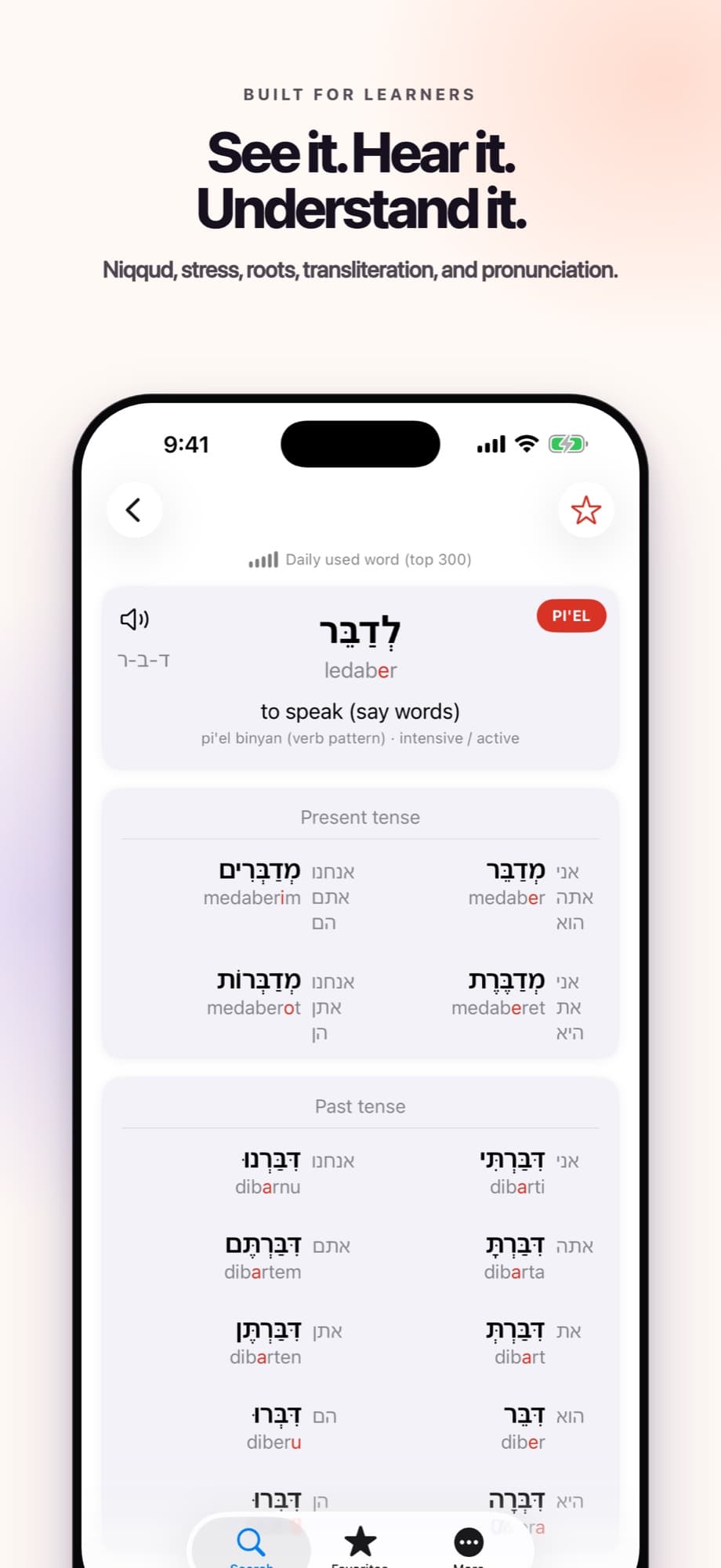 Verbik Hebrew verb dictionary with niqqud and transliteration on iPhone