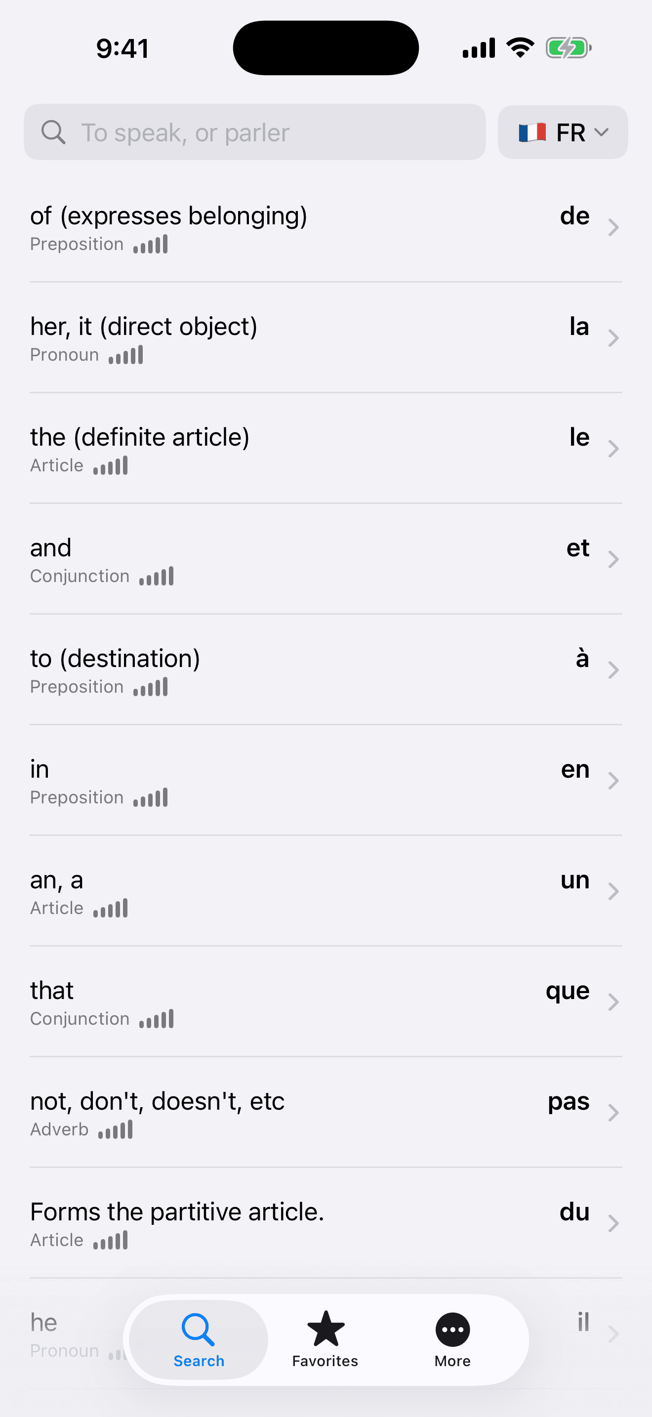 Verbik French dictionary home screen on iPhone