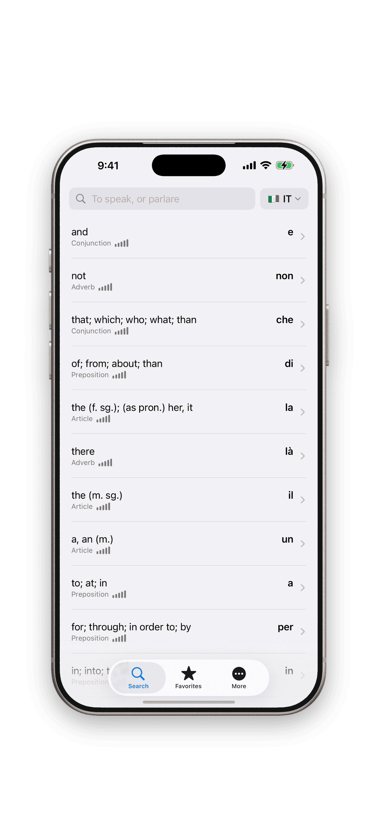 Verbik Italian dictionary home screen in the app's iPhone frame