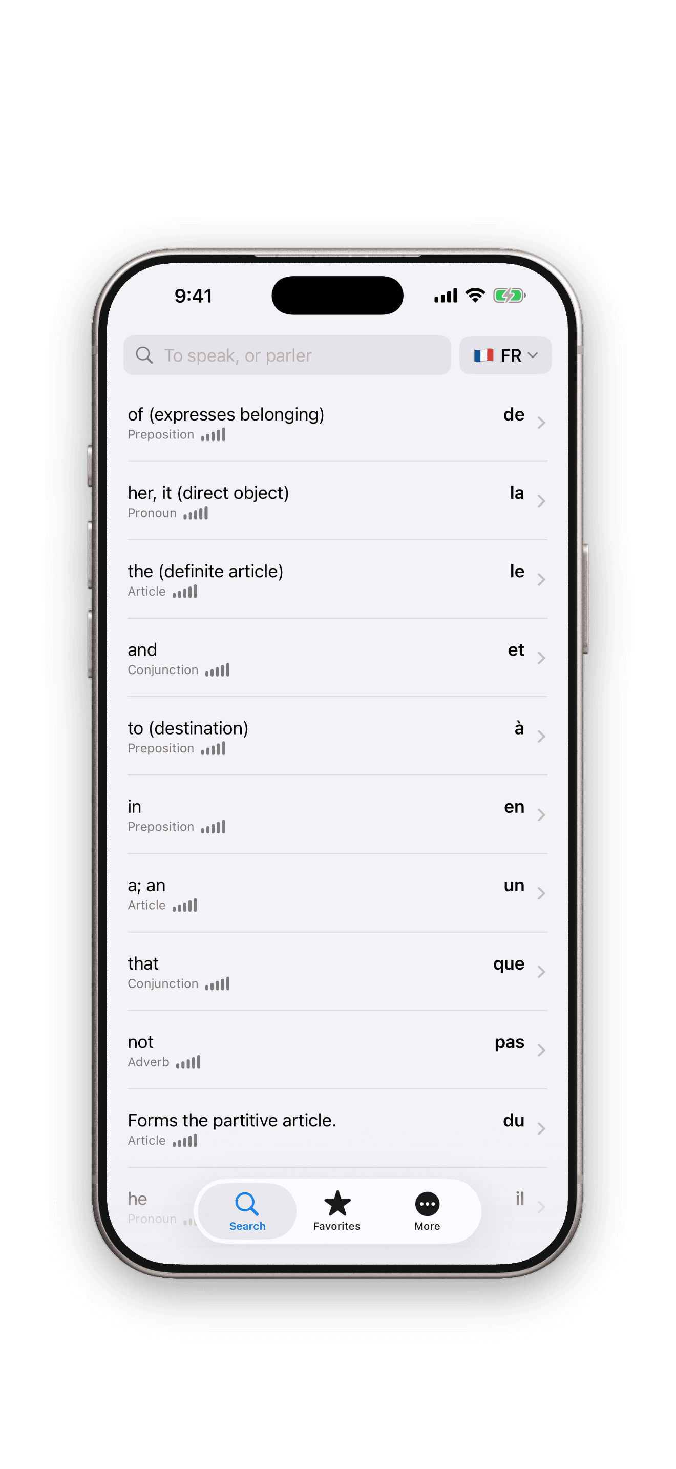 Verbik French dictionary home screen in the app's iPhone frame