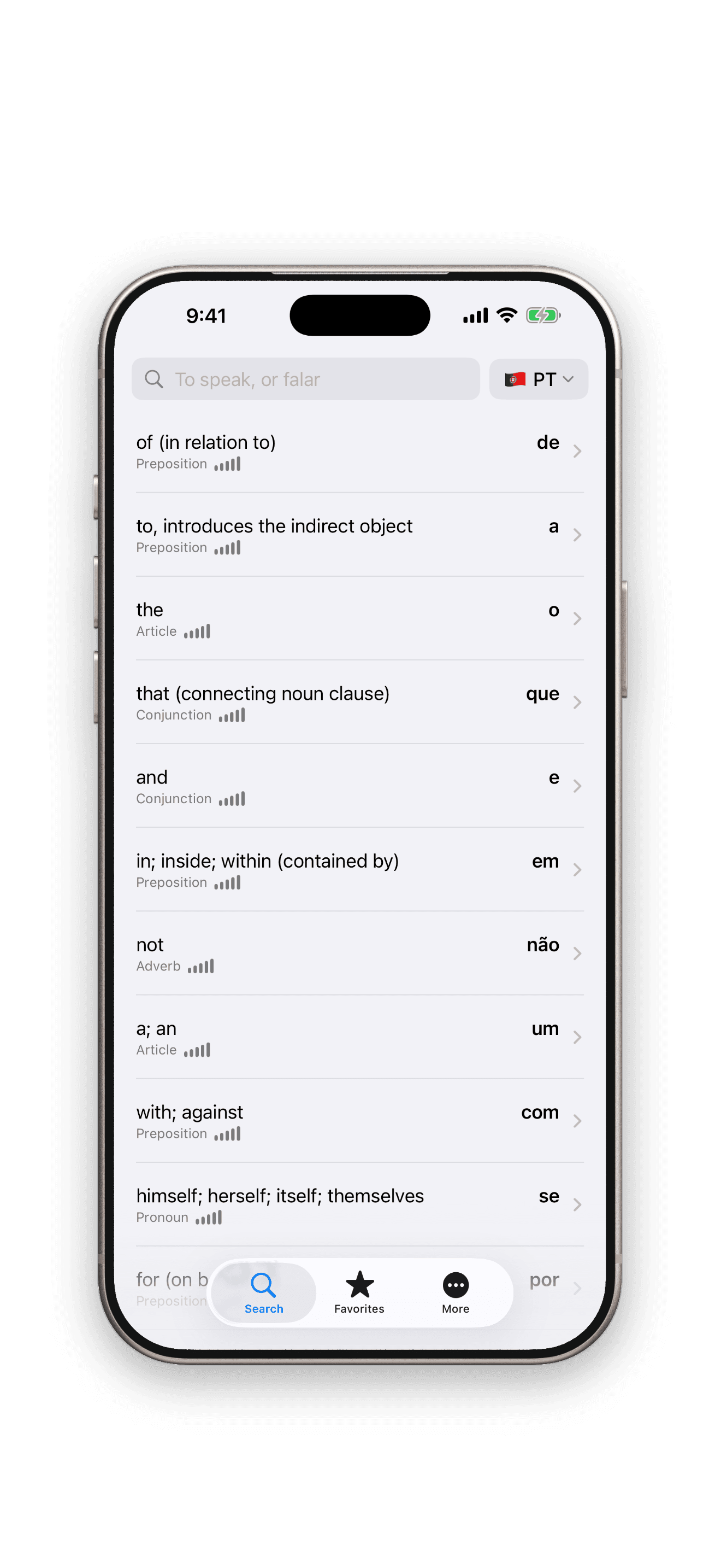 Verbik European Portuguese dictionary home screen in the app's iPhone frame