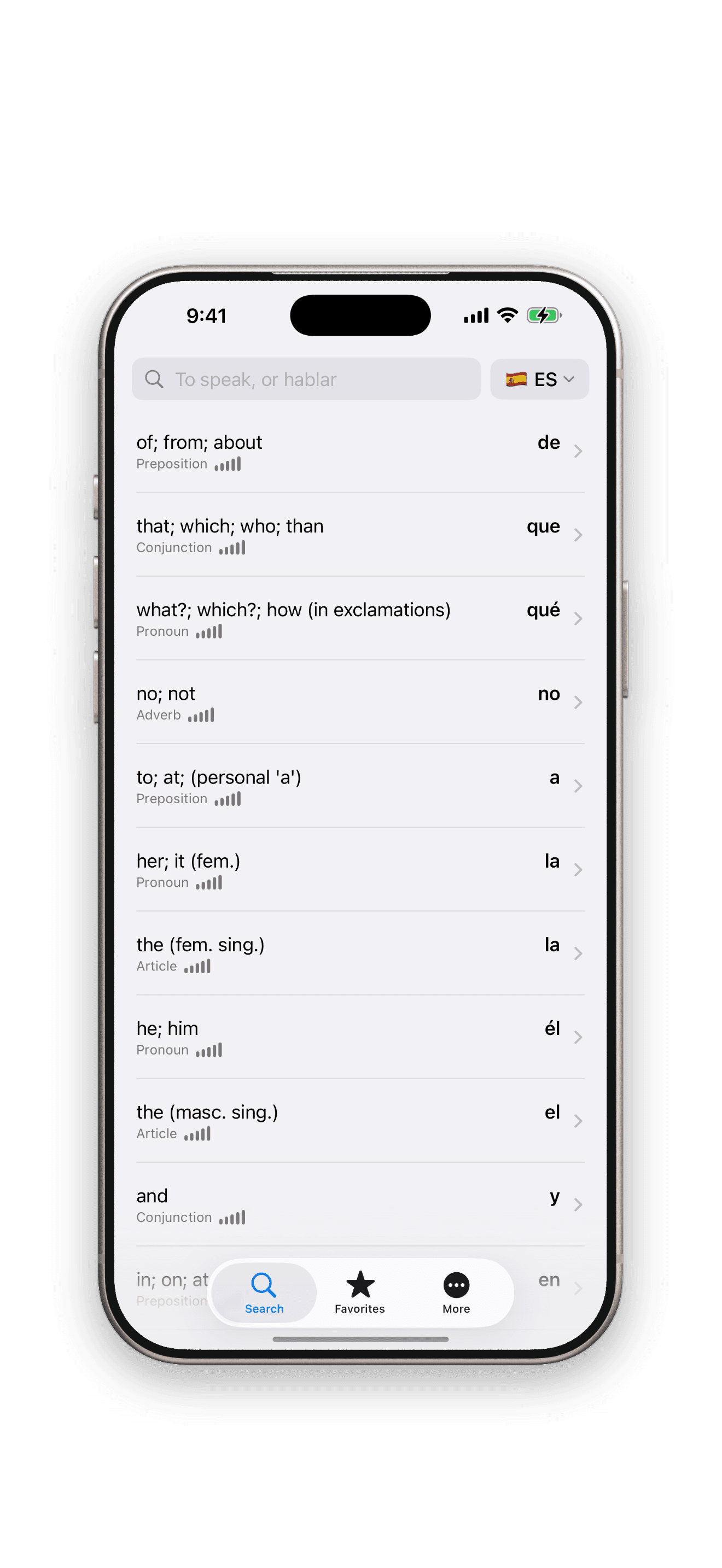 Verbik Spanish dictionary home screen in the app's iPhone frame